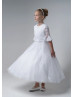 Beaded Elbow Sleeves White Lace Tulle Flower Girl Dress